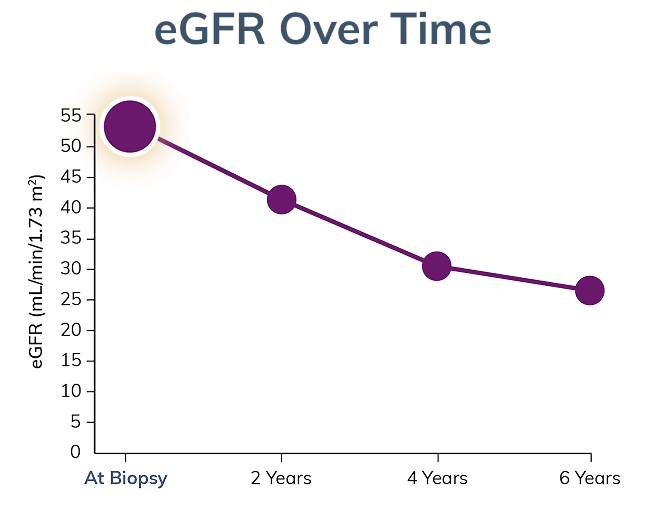 Graph modeling eGFR decline over time, starting at biopsy