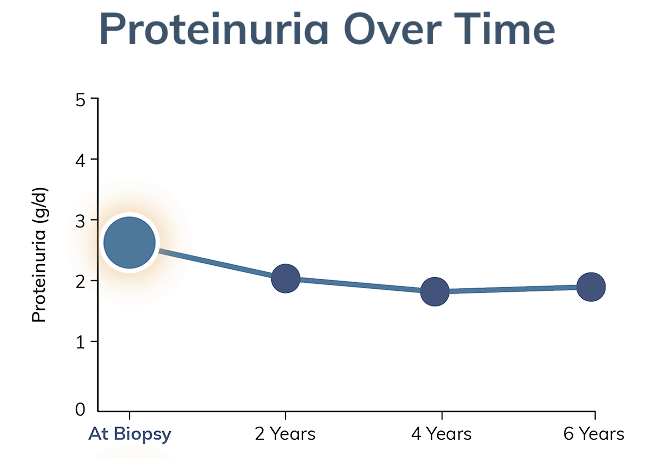 Graph modeling proteinuria progression over time, starting at biopsy