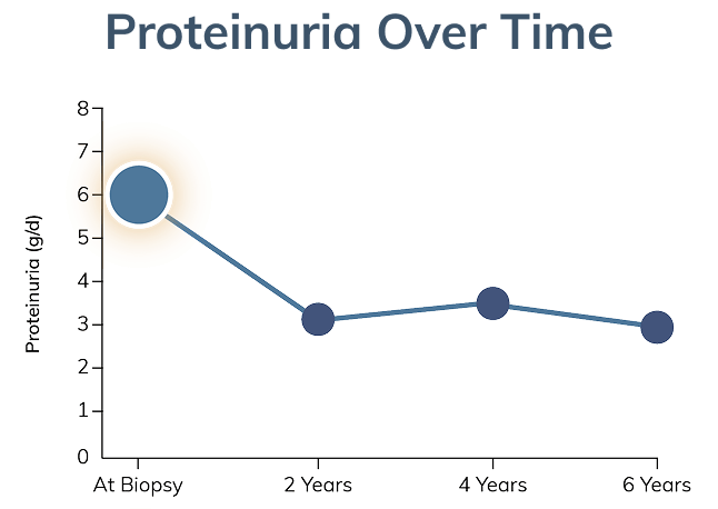 Graph modeling proteinuria progression over time, starting at biopsy