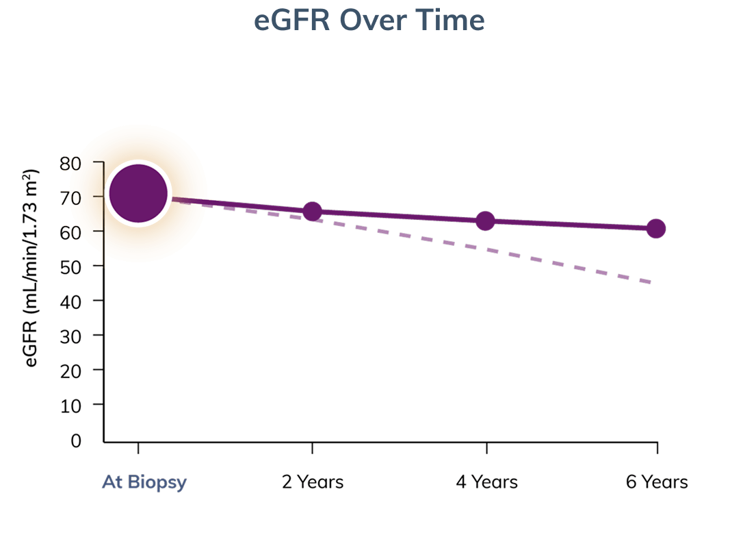 Graph modeling eGFR decline over time with and without intervention, starting at biopsy