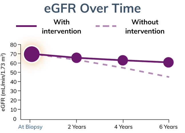 Graph modeling eGFR decline over time with and without intervention, starting at biopsy