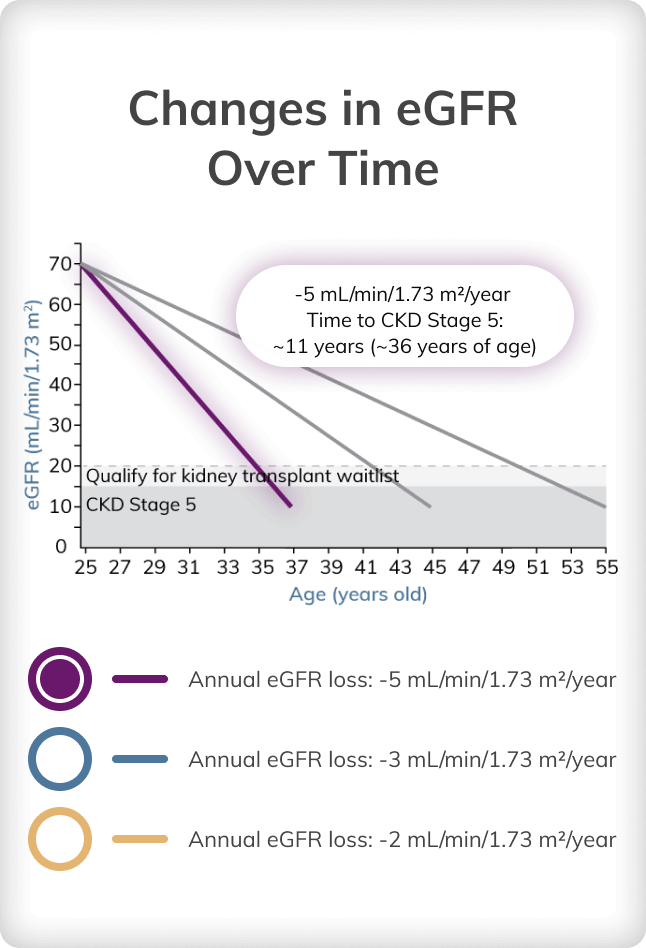 Graph depicting changes in eGFR over time at a loss of 2 mL/min/1.73 m2 per year