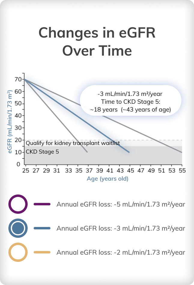 Graph depicting changes in eGFR over time at a loss of 3 mL/min/1.73 m2 per year