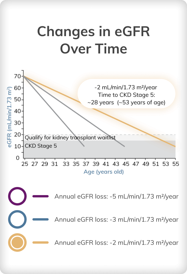 Graph depicting changes in eGFR over time at a loss of 5 mL/min/1.73 m2 per year