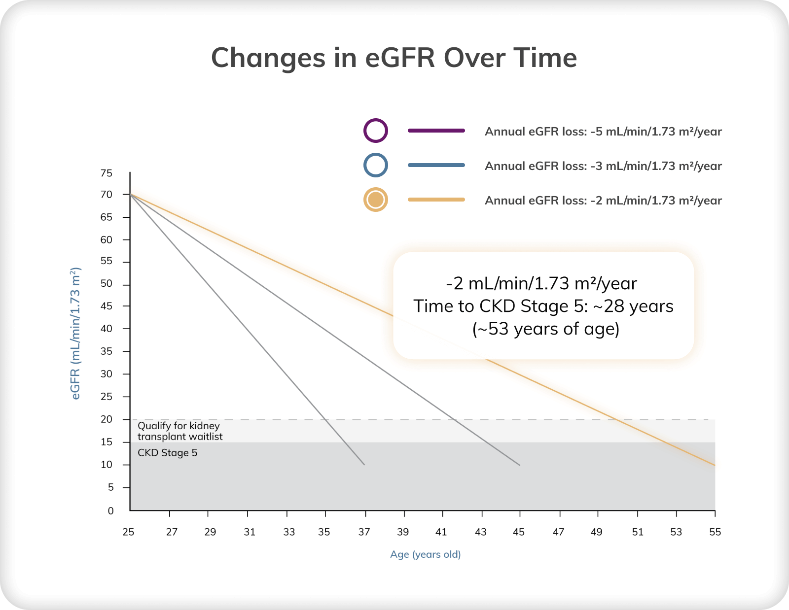 Graph depicting changes in eGFR over time at a loss of 2 mL/min/1.73 m2 per year